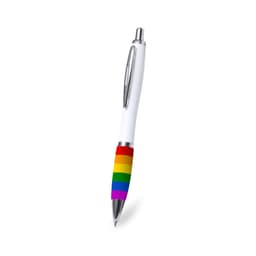 A pen with a white barrel and a multicoloured rainbow-striped grip, featuring a logo on the side.