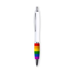 A pen with a white body and a rainbow-striped grip, featuring a silver clip and ballpoint tip.