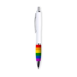 A white pen with a rainbow-striped grip and a logo on the barrel.