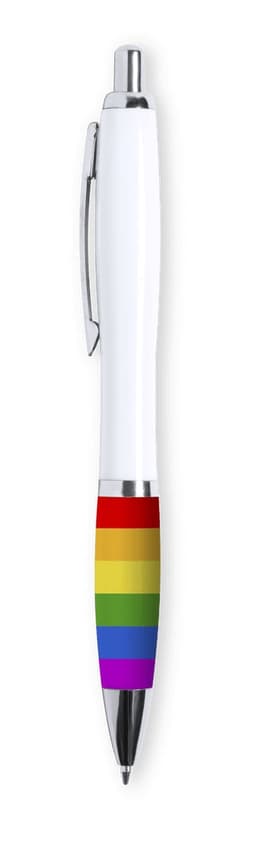 A pen featuring a white barrel and a rainbow-striped grip, with a silver clip and tip. It has a logo on the barrel.