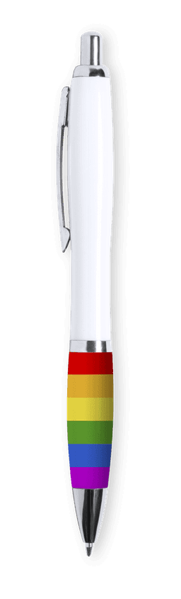 A pen featuring a white body and a rainbow-striped grip, with a silver clip and tip. It has a logo on the side.