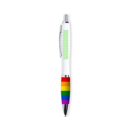 A pen with a white barrel, silver accents, and a rainbow-striped grip. It features a logo on the barrel.