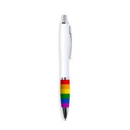 A pen with a rainbow-striped grip and a white barrel, featuring a silver clip and tip.