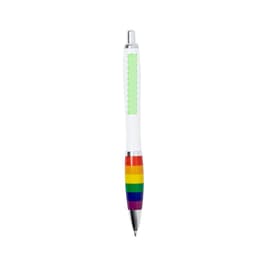A pen with a white body and a rainbow-striped grip, featuring a silver clip and a branding logo.