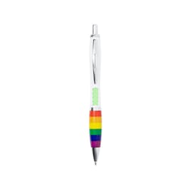 A pen with a silver clip and a rainbow-coloured barrel, featuring a green section. It has a logo on the clip.