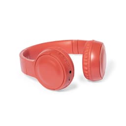 A pair of coral headphones with a padded headband and ear cups, featuring control buttons on one side.