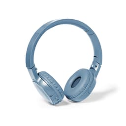 Light blue headphones with cushioned ear pads and a folding design. The product features branding on the side.