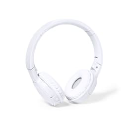 White over-ear headphones with adjustable headband and soft ear cushions. Features a logo on the side.