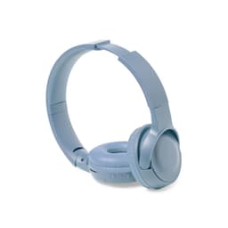 Light blue headphones with adjustable headband and cushioned ear pads, featuring a logo on the side.