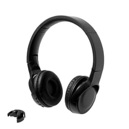 A pair of black headphones with a sleek design, featuring a folding mechanism for compact storage.