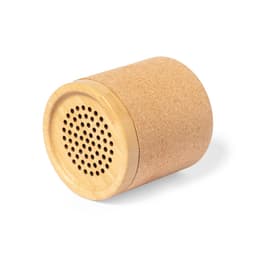 A cylindrical Bluetooth speaker in natural cork with a wooden top and perforated design for sound output.