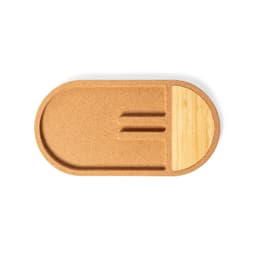 A cork and bamboo tray in an oval shape, featuring a divided section and a smooth edge.