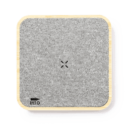 A wireless charger with a grey fabric surface and a wooden base, featuring a logo.