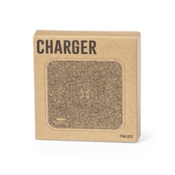 A brown cardboard box containing a wireless charger, featuring a textured surface and a logo.