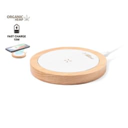 A wireless charger with a circular design featuring a white surface and a wooden base, includes a logo.