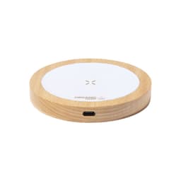 A wireless charger with a wooden base and a white top, featuring a USB-C port on the side.