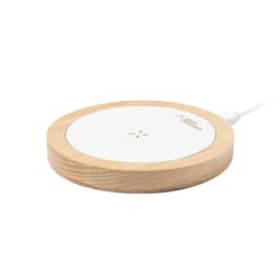 A wireless charger featuring a white surface and a wooden base, with a logo on the side.