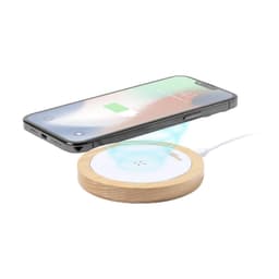 A wireless charger with a wooden base, paired with a smartphone displaying a charging icon.