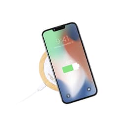 A wireless charger with a wooden base, featuring a smartphone displaying a 64% battery charge.