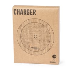 A wireless charger in a circular shape, presented in a natural brown cardboard box with a logo.