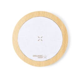A wireless charger with a round design, featuring a white surface and a wooden rim. It has a logo on the base.