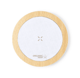 A wireless charger featuring a circular design with a wooden frame and a white fabric surface. It has a logo.