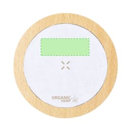 A round wireless charger with a wooden base and a fabric surface, featuring a logo for organic hemp.