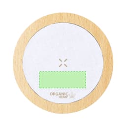 A circular wireless charger featuring a wooden border and a white linen surface, with a logo on it.