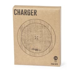 A wireless charger in a circular design, featuring a natural brown texture and a logo, packaged in an earthy cardboard box.