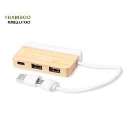 A USB hub with a bamboo and white finish, featuring two standard USB ports and one USB-C port.