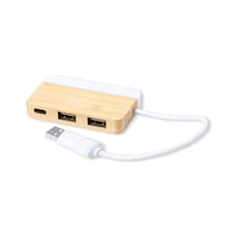 A USB hub with a bamboo base and white cable, featuring two standard USB ports and one USB-C port.