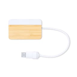 A USB hub with a bamboo wood finish and a white cable, featuring a logo on its surface.