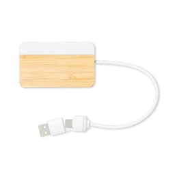 A bamboo USB hub with a white connector. It features a minimalist design and a brand logo.