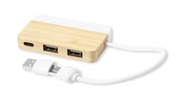 A USB hub with a bamboo design, featuring two USB ports and a white cable. It has a compact and sleek appearance.