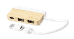 A USB hub featuring a bamboo body and white accents, with multiple USB ports and a connected cable.