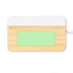 A bamboo USB hub featuring a light green section for customisation, with a white top surface.