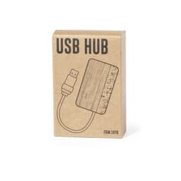 A USB hub in a brown cardboard box, featuring a simple illustration of the device and a USB cable.
