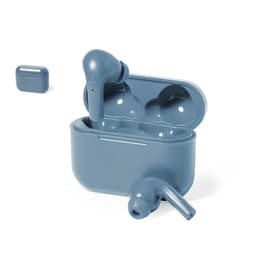 A set of blue Prucky earphones with a matching charging case, open to display the earbuds inside.