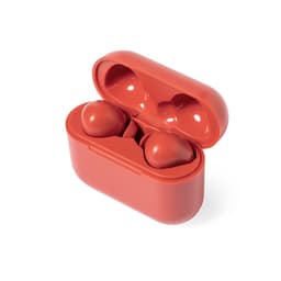 A pair of red earbuds housed in a matching case, featuring a simple design and a logo on the exterior.