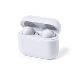 A pair of white earphones housed in a matching case, featuring a simple design and a logo on the case.