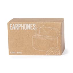 A box containing white earphones with a compact charging case, featuring a minimalist design and a logo.