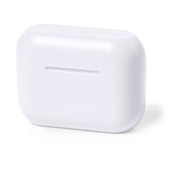 A white earphone charging case with a sleek design, featuring a logo on its surface.
