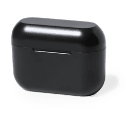 A black earphone charging case with a sleek design, featuring a logo on the front.