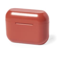 A coral-red earphone case with a smooth, glossy finish and a rounded design, featuring a subtle opening.