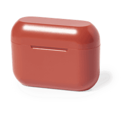 A pair of Prucky Earphones in a coral-coloured charging case with a smooth finish and rounded edges.
