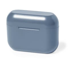 A blue charging case for Prucky Earphones, featuring a sleek design and a branding logo.