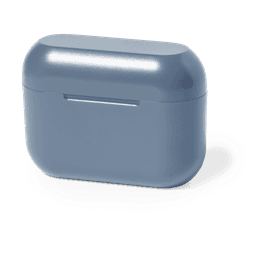 A blue earphone case with a rounded design and a simple opening mechanism, featuring a logo.