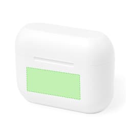 A white earphone case with a smooth design, featuring a logo on the front and a solid green area.