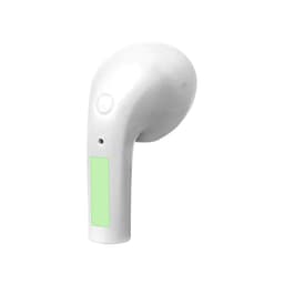 A white earphone with a green section and a logo. The design is sleek and modern, typical of wireless earbuds.