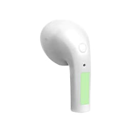 A white earphone with a smooth design, featuring a button and a branding area.